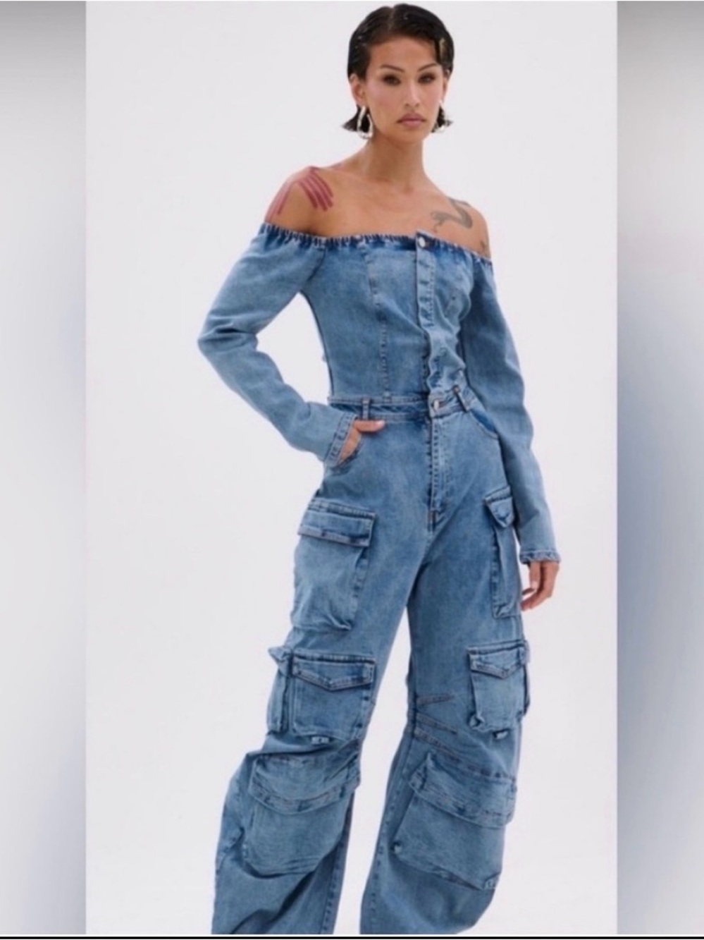 AKIRA Off-Shoulder Denim Cargo Jumpsuit in Medium Blue - Picture 2 of 8